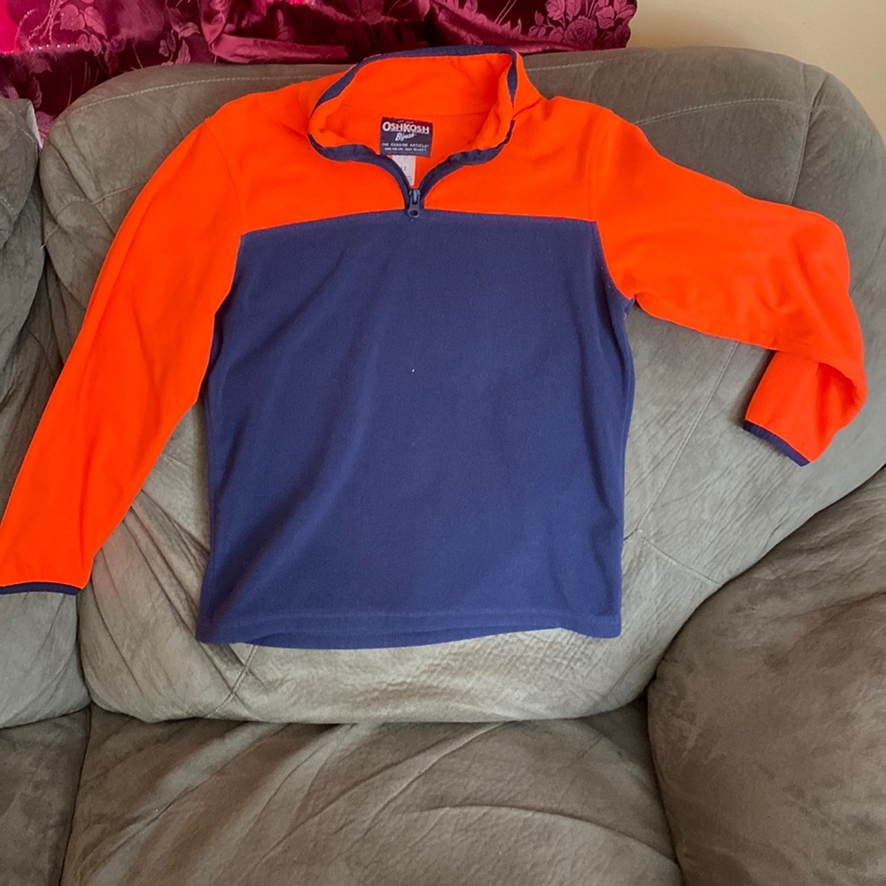 Kids size 12 oshkosh pull over fleece hoodie orange navy boys girls